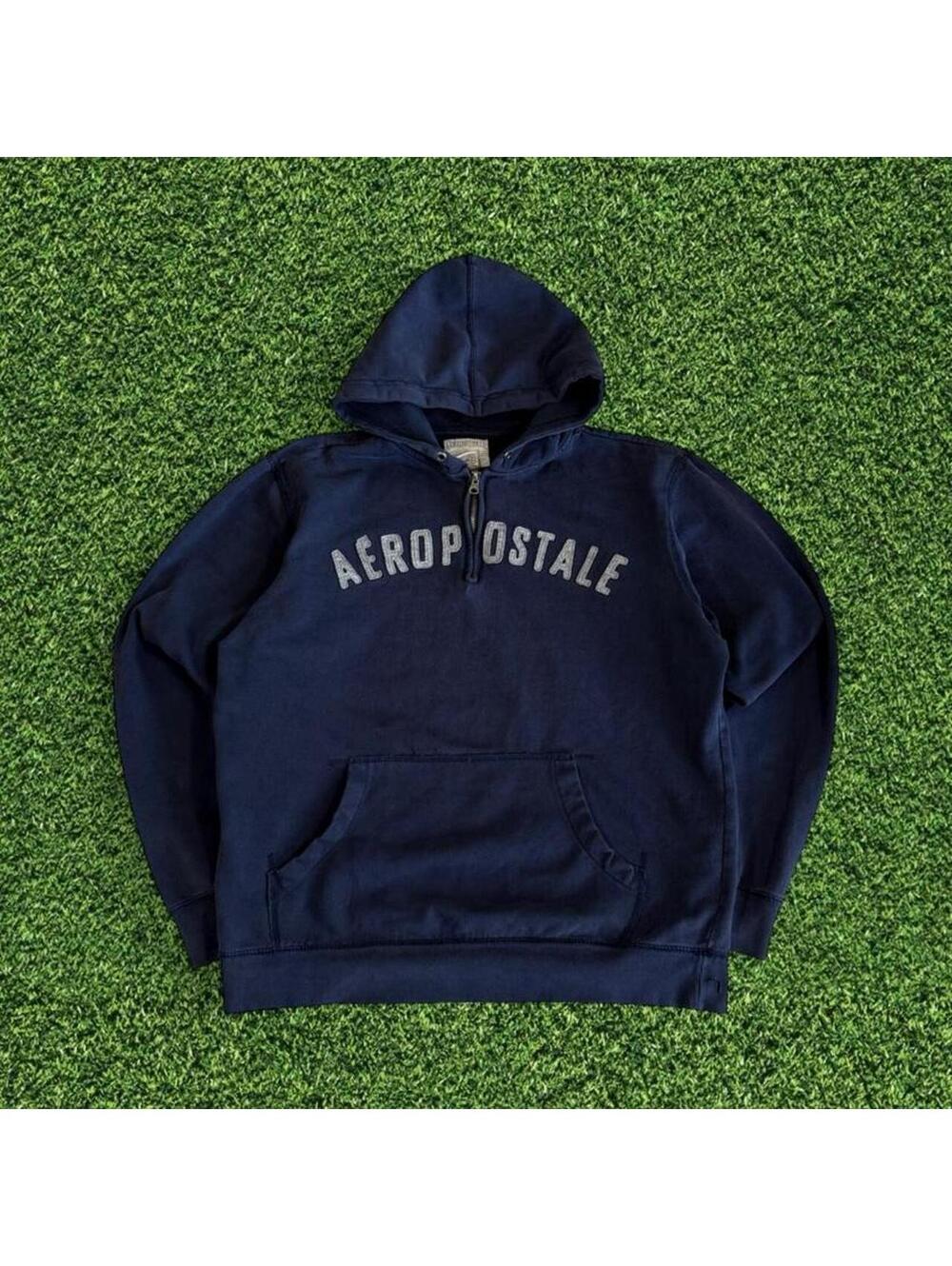 Y2K Aeropostale Navy Quarter Zip Hoodie Waffle Lined Size L